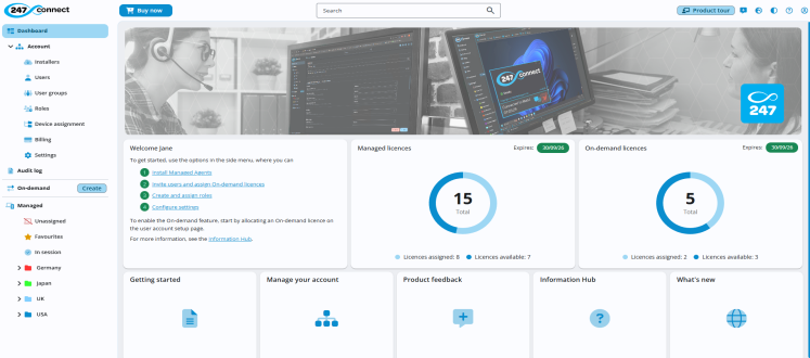247connect dashboard showing account and licence details. The side menu highlights Dashboard. The main panel shows a welcome message, links to setup tasks, Managed and On-demand licence stats, and tiles for Getting Started, Manage Your Account, Product Feedback, Information Hub, and What's New.